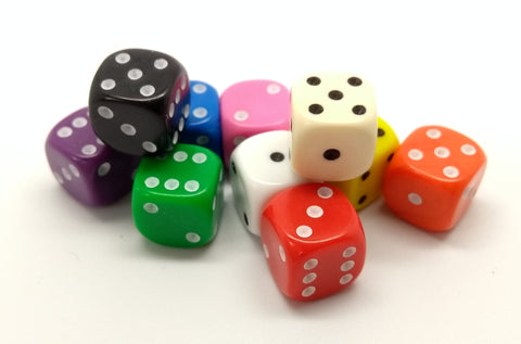 Dice, 10mm D6 six sided spot dice with rounded corners in various colours x 10